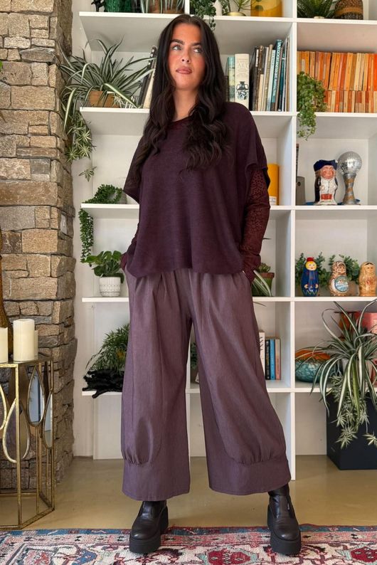 Bennie Quirky Barrel Pant Aubergine Pin Stripe